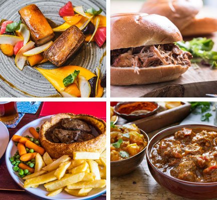 four images, top left: colourful meal with roasted peppers, potatoes. Top right: burger with pulled beef. Bottom left: traditional toad in the hole with oven chips, peas & carrots. Bottom left: beef stew.